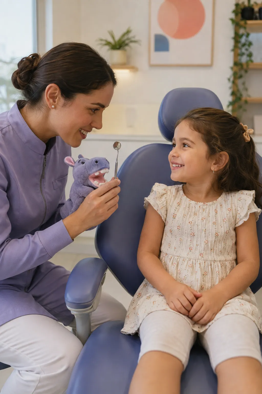 Criança conversa com uma odontopediatra durante uma consulta acolhedora