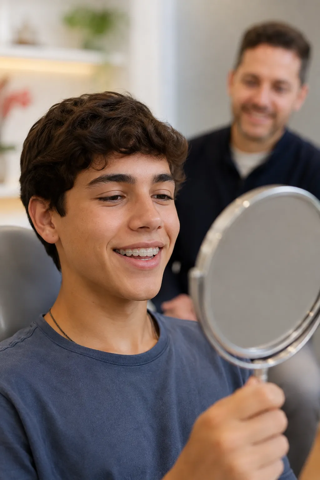 Adolescente observa o próprio sorriso durante uma consulta ortodôntica